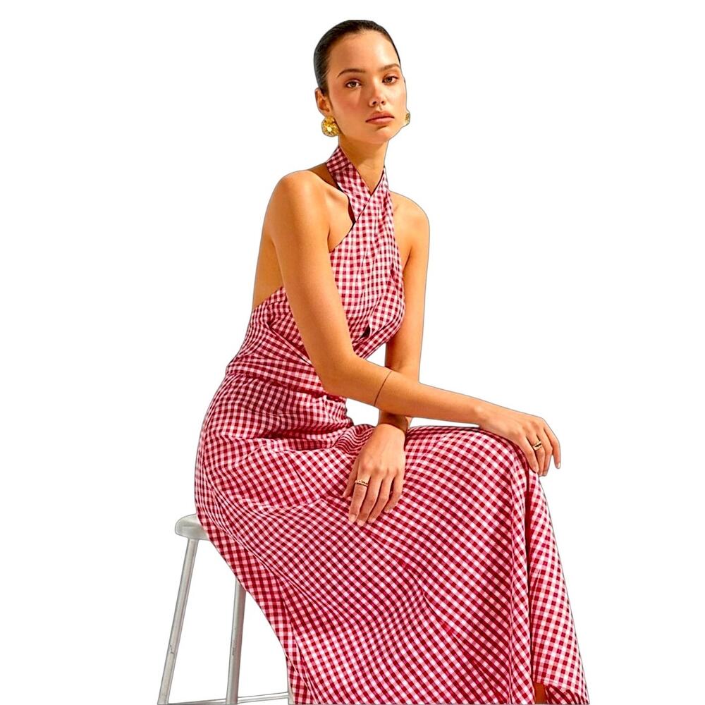 Commense Red Gingham Halter Cotton Maxi Dress Small NWT - Picture 3 of 9